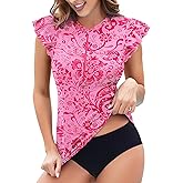 Soneven Women's Swim Shirt UPF 50+ Ruffle Sleeve Rash Guard UV Sun Protection Swimsuit Top Bathing Suit No Bottom