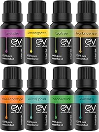 Earth Vibes Aromatherapy Top 8 Essential Oils Set - 100% Pure, Natural & Therapeutic Grade - Lavender/Frankincense/Eucalyptus/Peppermint/Tea Tree/Rosemary/Orange/Lemongrass - Oil Gift Kit For Diffuser
