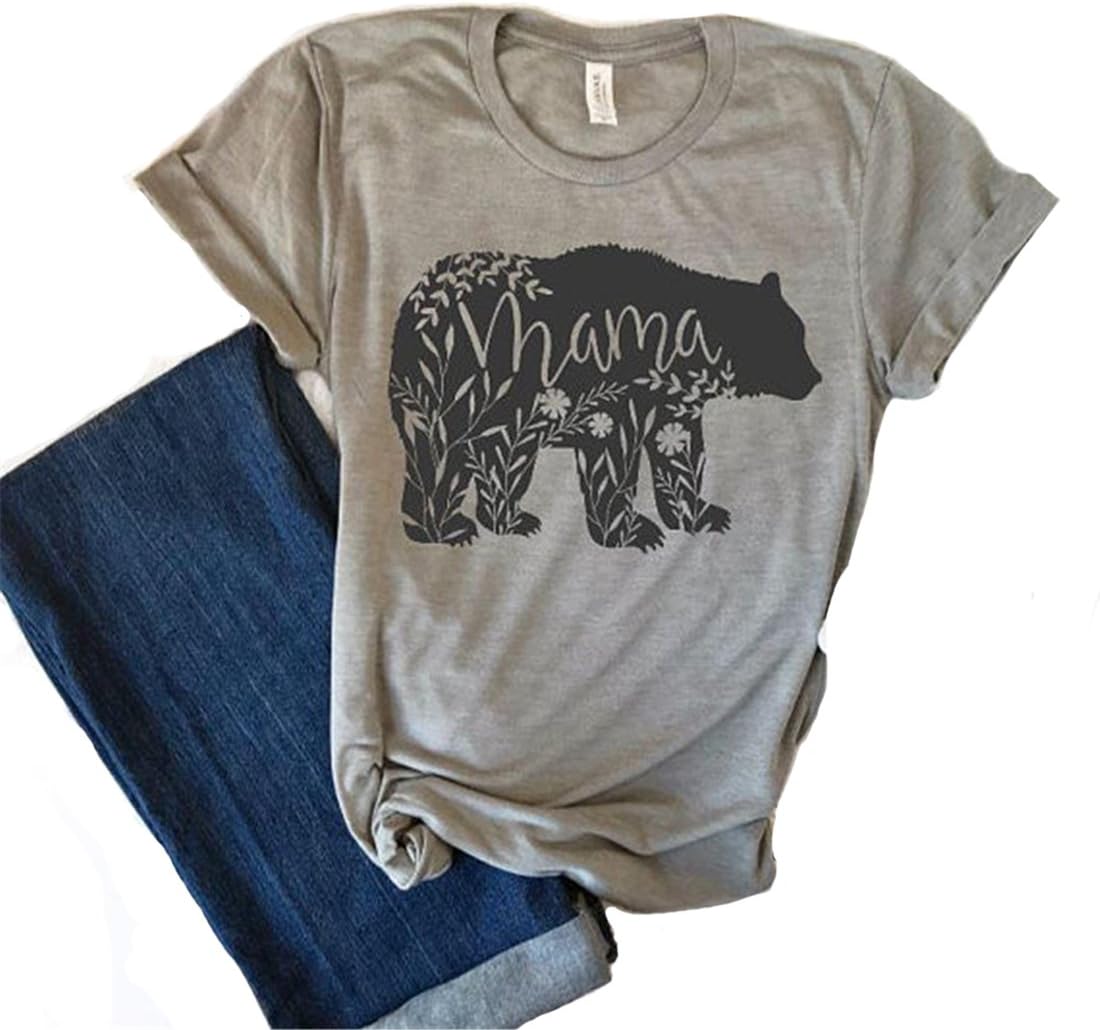 Women's Floral Mama Bear Print Crew Neck Short Sleeve T Shirts for Mom Mother's Gift