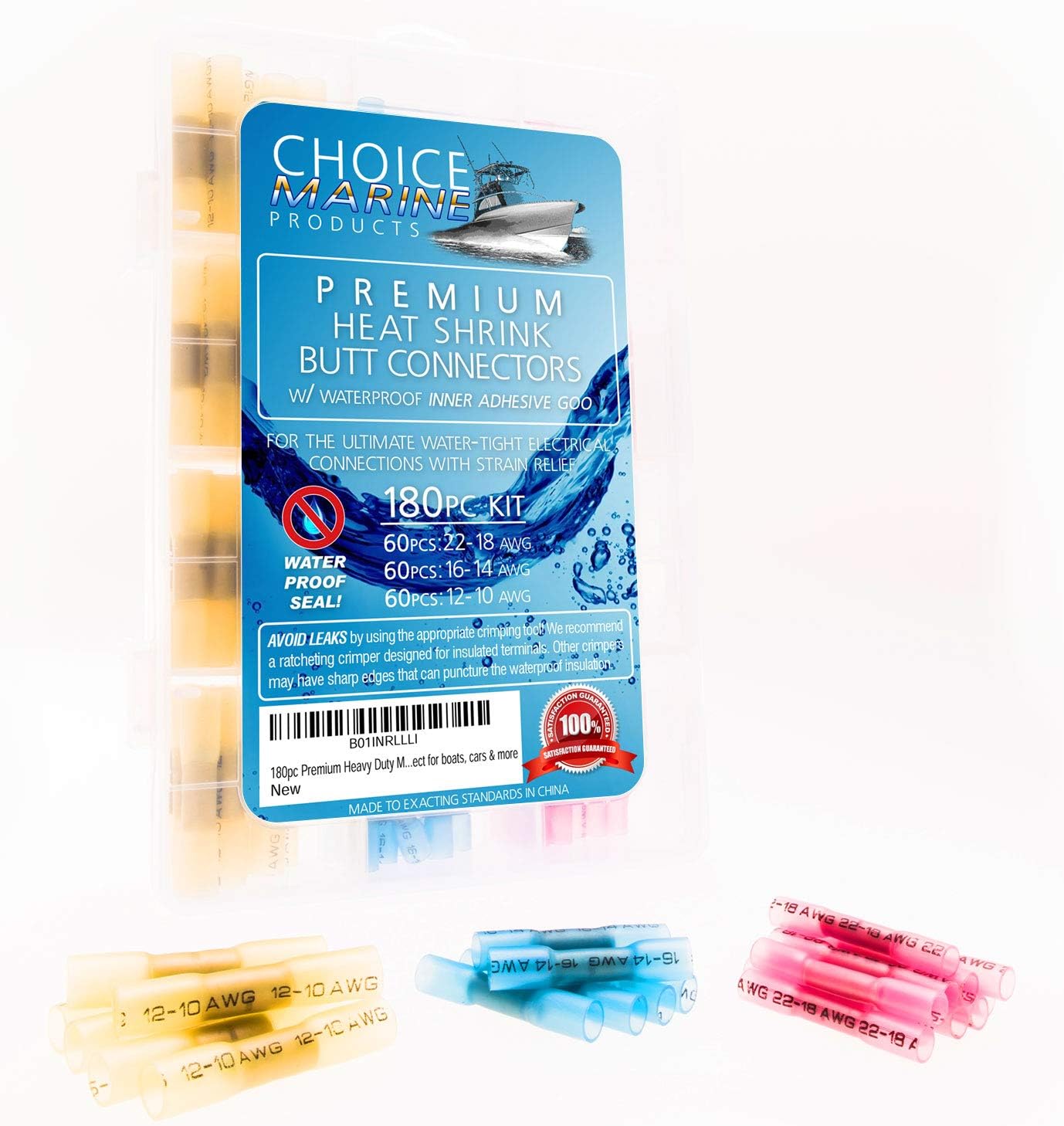 180pc Premium Adhesive Lined Water Proof Marine Heat Shrink Butt Connectors for boats, cars