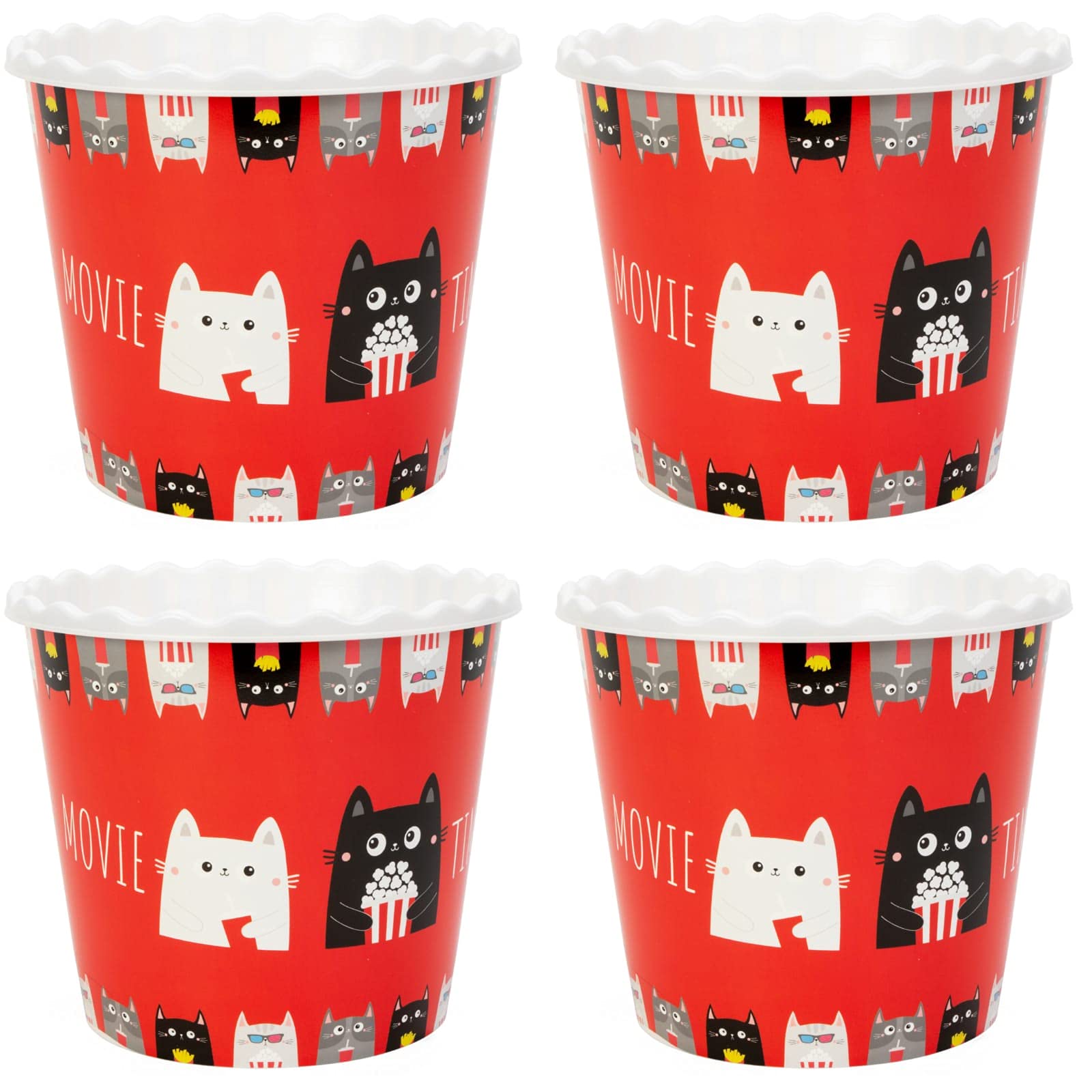 Modern Style Reusable Plastic Popcorn Containers / Popcorn Bowls Set for Movie Theater Night - Washable in the Dishwasher - (BPA Free-4 Pack) (Popcorn Cats)