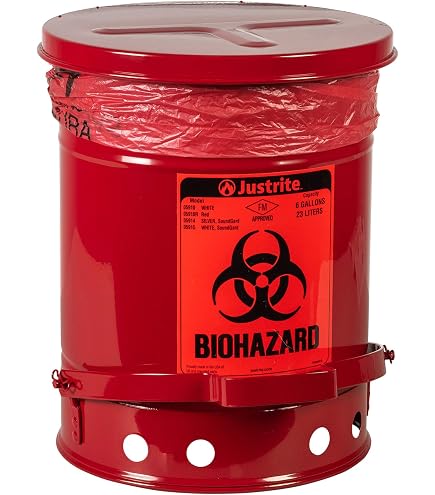 Justrite 05930R Steel Biohazard Waste Can, 10 Gallon Capacity, Red