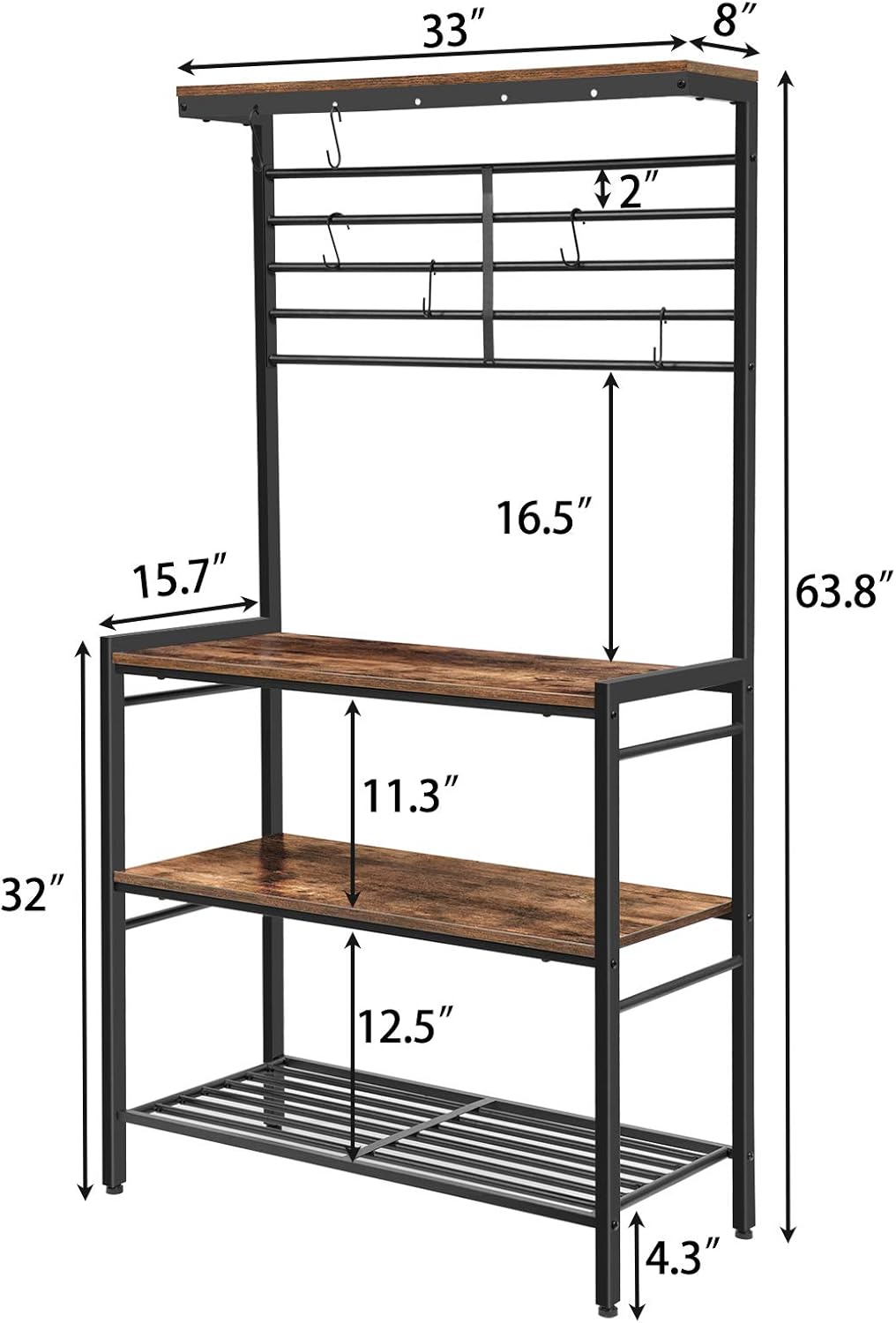 HOOBRO Kitchen Baker's Rack, Kitchen Microwave Oven Stand with High Display Shelf, 2 Wood Shelves and Mesh Panel, Kitchen Island Rack with 6 Hooks, Adjustable Feet, Metal Frame, Rustic Brown BF01HB01 - Standing Baker's Racks