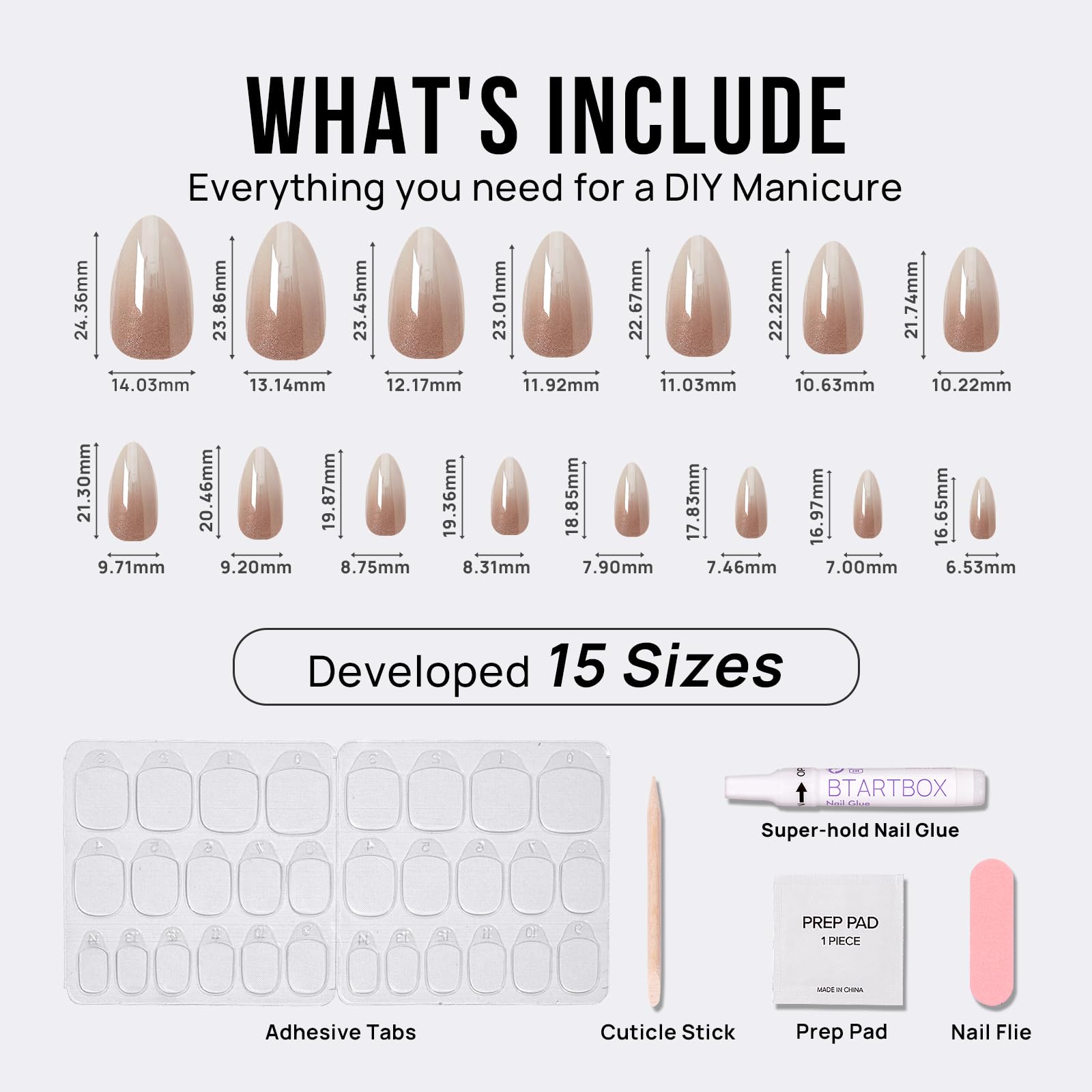 BTArtbox Press On Nails Medium Almond - Soft Gel Ombre Fake Nails with Glitters, French Tip Nails Reusable Glue On Nails Fake Nails Kit 15 Sizes, Glittering Champagne - Image 5