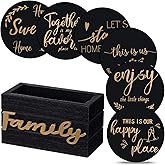 Queekay Coasters Set of 6 House Warming Gifts New Home Wooden Farmhouse Drink Coasters with Holder 4'' Funny Decoration for Kitchen Family Coffee Bar Tabletop Protection(Black Gold)