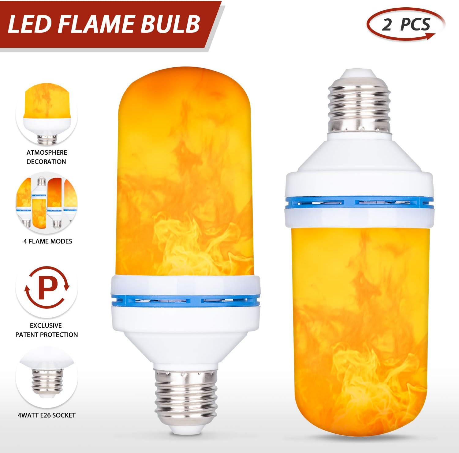LED Flame Effect Light Bulbs E26 E27 4 Modes 2Pcs with Gravity Induced Decorative Light Fire Flickering Atmosphere Lighting Vintage Flaming Lamp for Holiday Hotel/Bar/Party/Home
