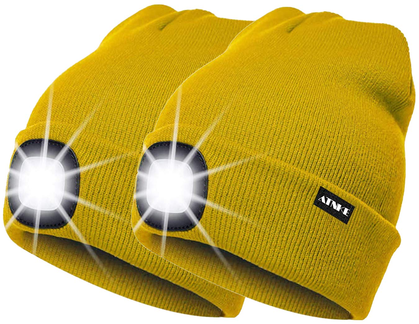 ATNKE 2Pcs New Warm LED Lighted Beanie Cap Unisex USB Rechargeable Running Hat Ultra Bright 4 LED Waterproof Light Lamp Multi-Color/Yellow