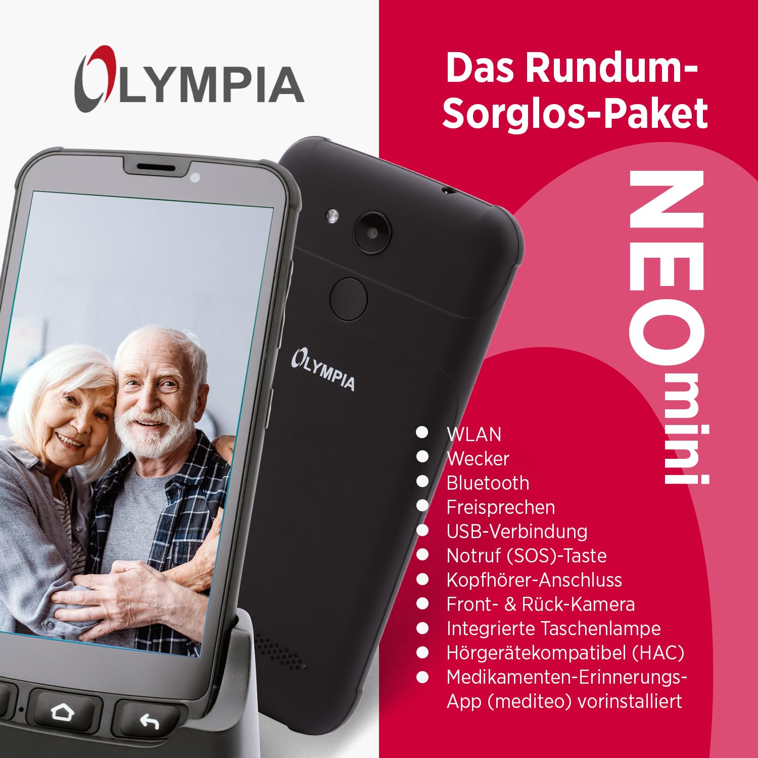Olympia Neo Mini | Senioren Smartphone 5 Zoll Display | Notruftaste & Hörgerätekompatibel | Whatsapp & Mediteo vorinstalliert | Seniorenhandy ohne Vertrag | Extragroße Darstellung | Taschenlampe