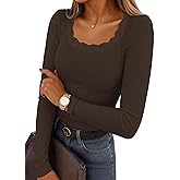 IWD Womens Long Sleeve Tops Casual Slim Fit T-Shirt Lace Crew Neck Ribbed Knit Shirts 2025 Fall Trendy Going Out Basic Tee