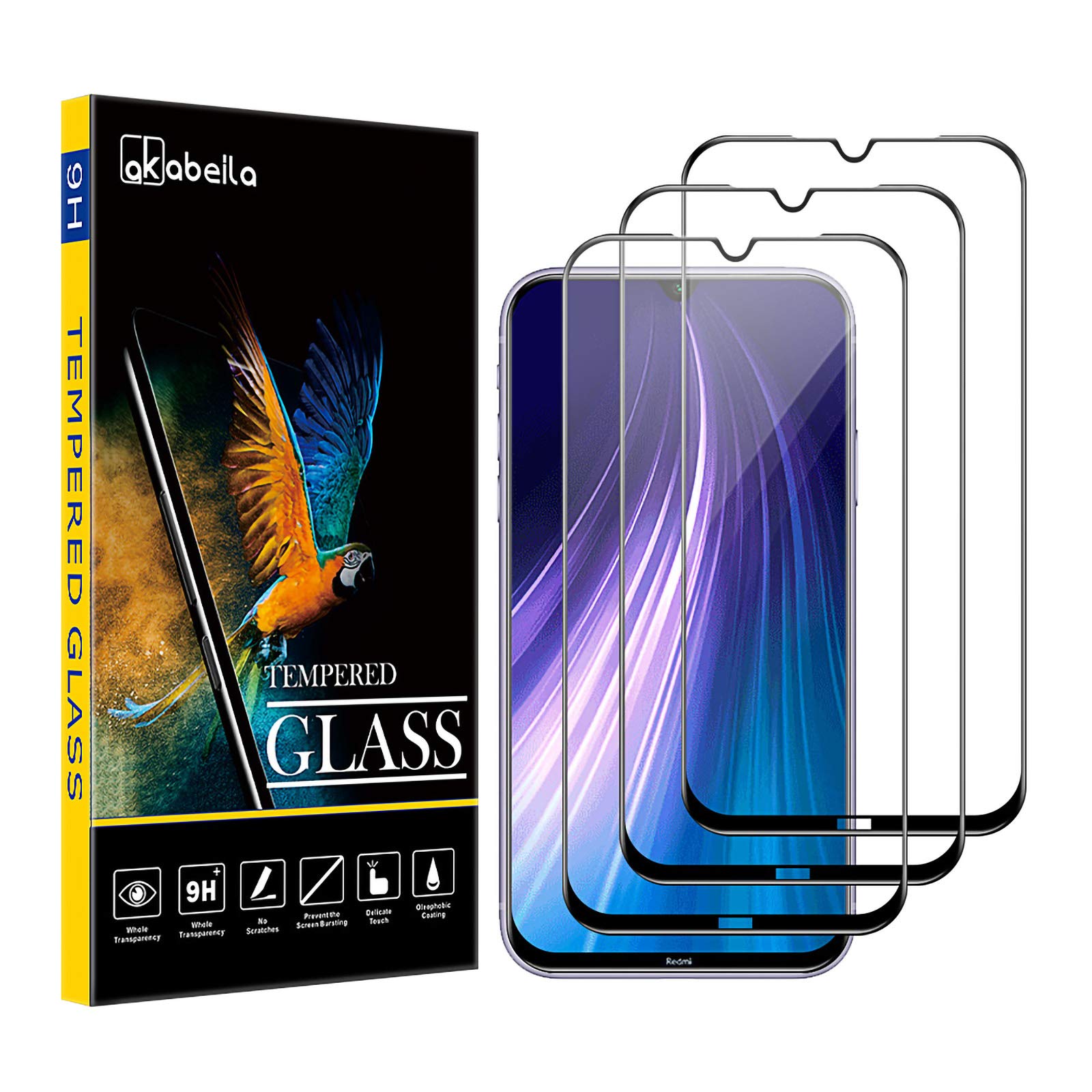 AKABEILA Screen Protector for Xiaomi Redmi Note 8 2021 Tempered Glass [3 Pack] Premium HD Film 9H Hardness Case Friendly Easy Installation Anti Scratch Bubble Free [Full Coverage]