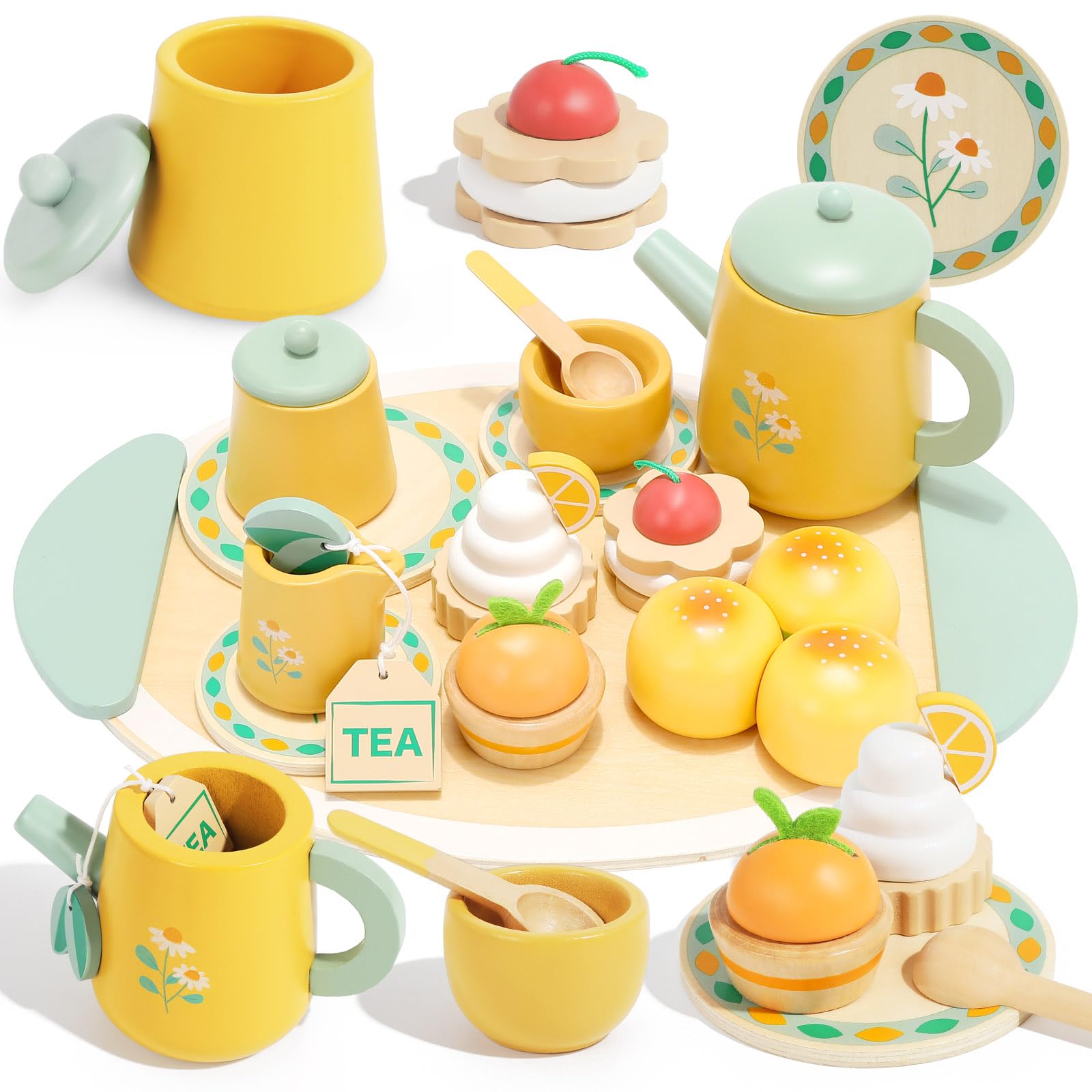 Photo 1 of Wooden Tea Set for Toddlers Pretend Play Kitchen Accessories Little Girl Toys Tea Party Set for 3 4 5 6 Year Olds Enjoy Tea Time with Wooden Toys Toddler Tea Set