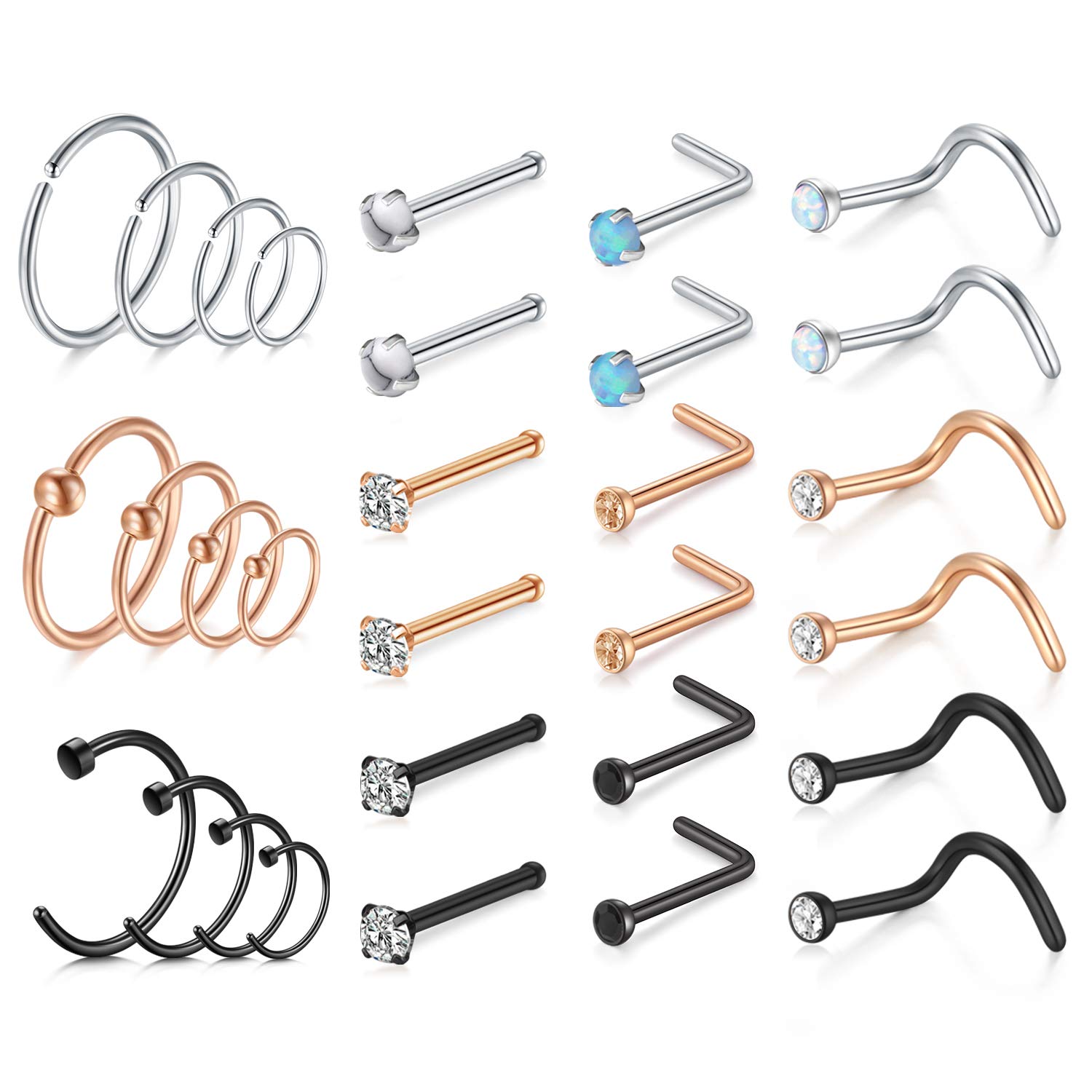 Mayhoop 20G Nose Rings Hoop Set 30PCS Surgical Steel Nose Studs Nose Screw Nose Hoop Rings CZ Jewelry for Women Men