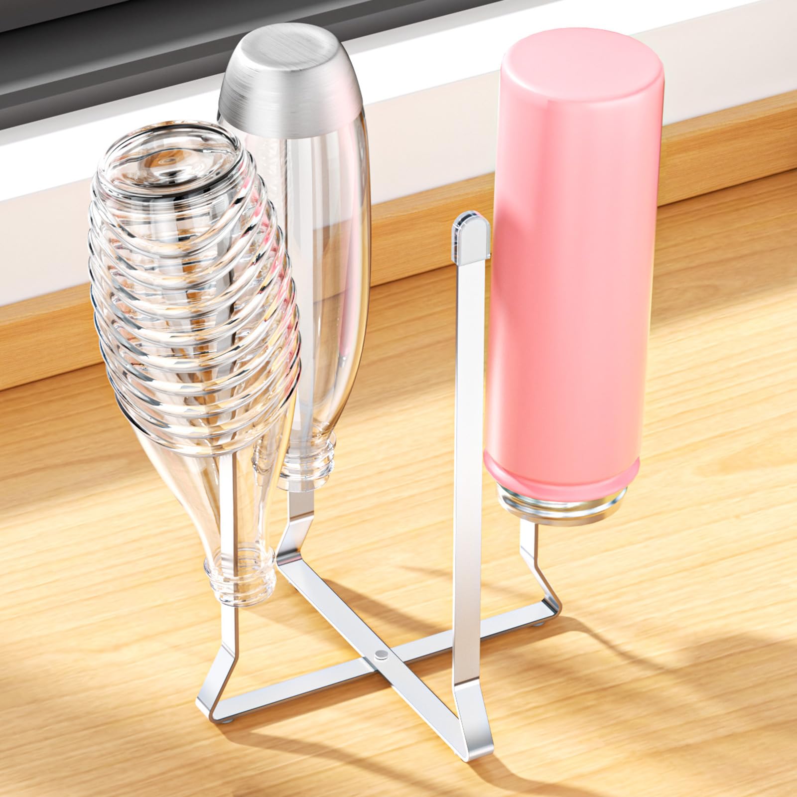 LOXSUN Abtropfgestell Flaschen, Metall Flaschenhalter für 4 Flaschen, Flaschentrockner Abtropfständer, Flaschenständer zum Abtropfen, Flaschenabtropfgestell Küche für Flaschens und Becher (1, Silber) 8
