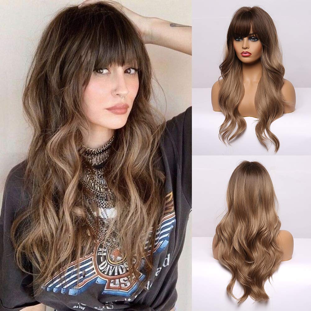 Long Wavy Wigs with Fringe, Ombré Dark Blonde, Wigs for Women, Heat-Resistant Synthetic Wigs with Brown Roots for Daily Use, Parties, Cosplay (61 cm, Ombré Dark Ashy Blonde)