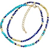 Belle Brighton Blue Natural Stone Chain Necklace 18k Gold Plated Beaded Choker Necklace for Women 17" Colored Gemstone Tennis Necklace Elegant Jewellery Trendy Gift for Girlfriend Mother