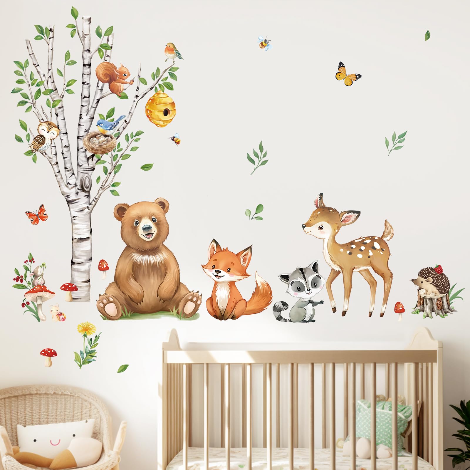decalmile Woodland Animals Birch Tree Wall Decals Bear Fox Deer Wall Stickers Baby Nursery Kids Bedroom Living Room Wall Decor