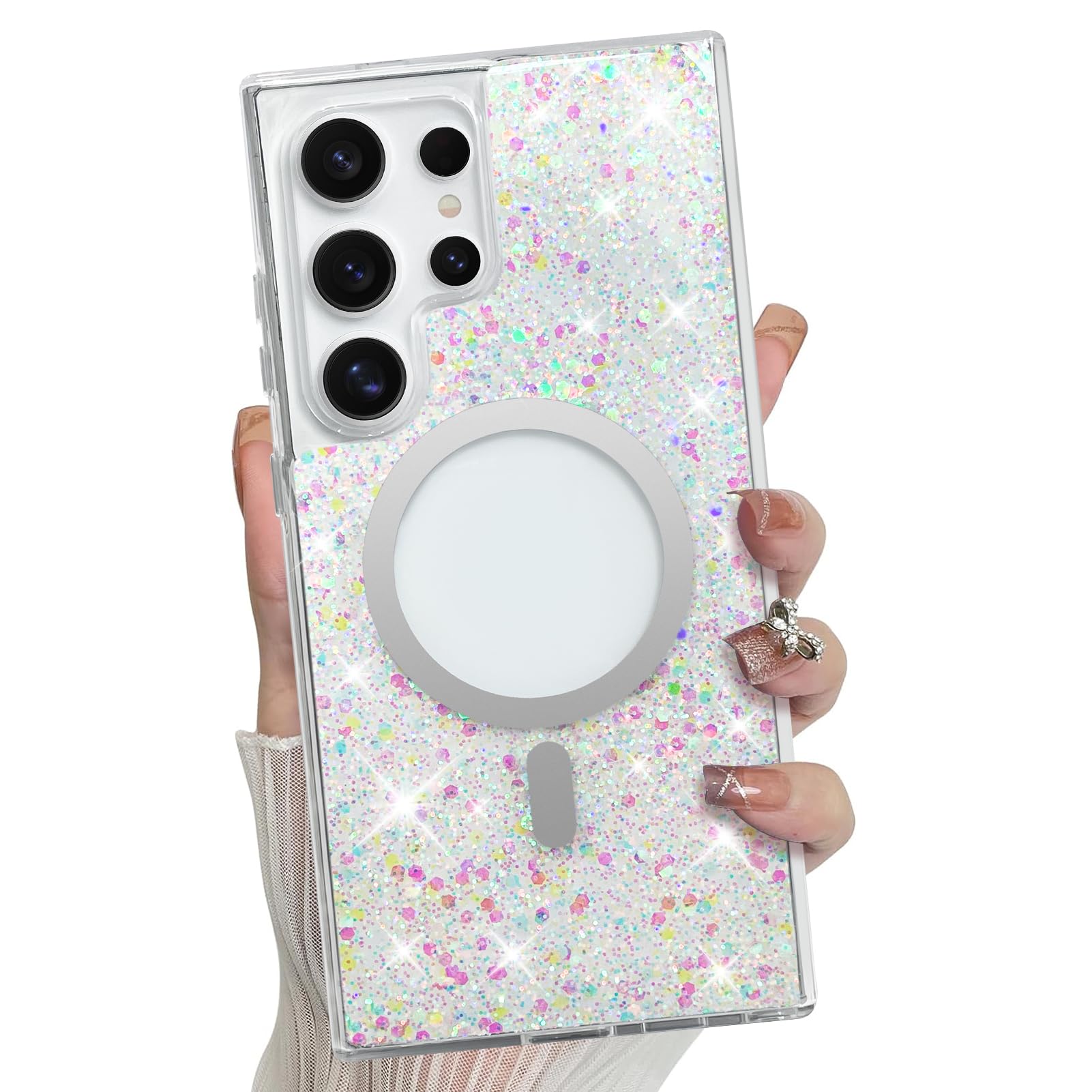Bonoma for Samsung Galaxy S24 Ultra Case, Sparkly Glitter Bling Back, Magnetic Support for MagSafe Shockproof Case, Crystal and Clear High-Duty Protection for Phone Case -Sparkly Glitter