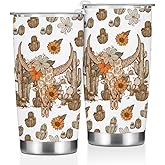Christmas Birthday Gifts for Women Men Western Stuff, Boho Cow Skull Tumbler, 20 oz Tumblers Insulated Coffee Mug Stainless Steel Thermal Vacuum Travel Cup with Lid, Cow Stuff Western Gifts for Women