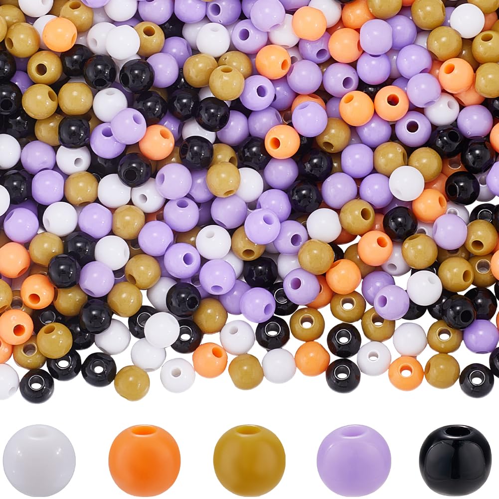 SOFPLATE 1500Pcs 5 Colors 6mm Halloween Beads Purple Acrylic Beads Plastic Assorted Orange Black Large Opaque Bead for jewellery Making Home Party Friendship Necklace Bracelets DIY Craft Party Beading