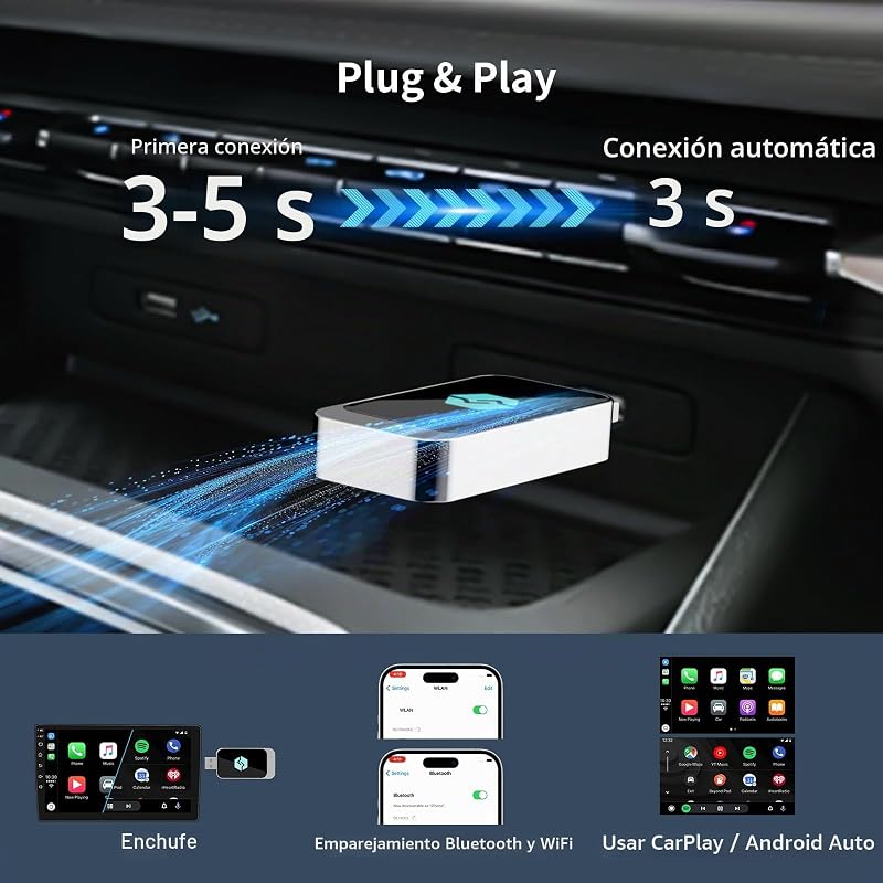 Adaptador Carplay Inalámbrico y Android Auto Inalámbrico, Convierte Android Auto/Carplay por Cable a Inalámbrico, Type-C y USB, Plug and Play para iOS 10+/Android 11+ — foto 4 de 8