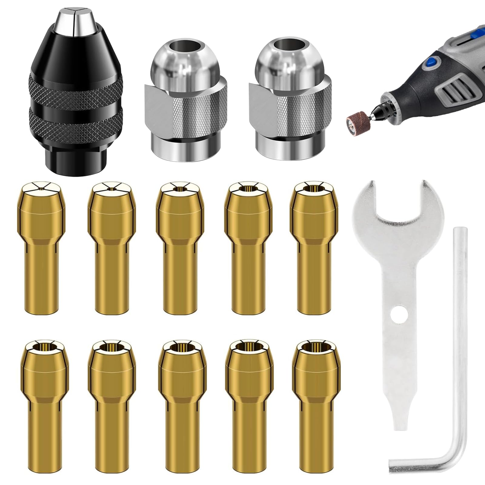 Multi Chuck Set for Rotary Tools,15 PCS Collet Chuck 4486 Ch-uck Set,Collet Nut Kit,0.8-3.2mm Keyless Drill Rotary Tool Accessories Compatible with 3000 4000 7700 8200(M7)