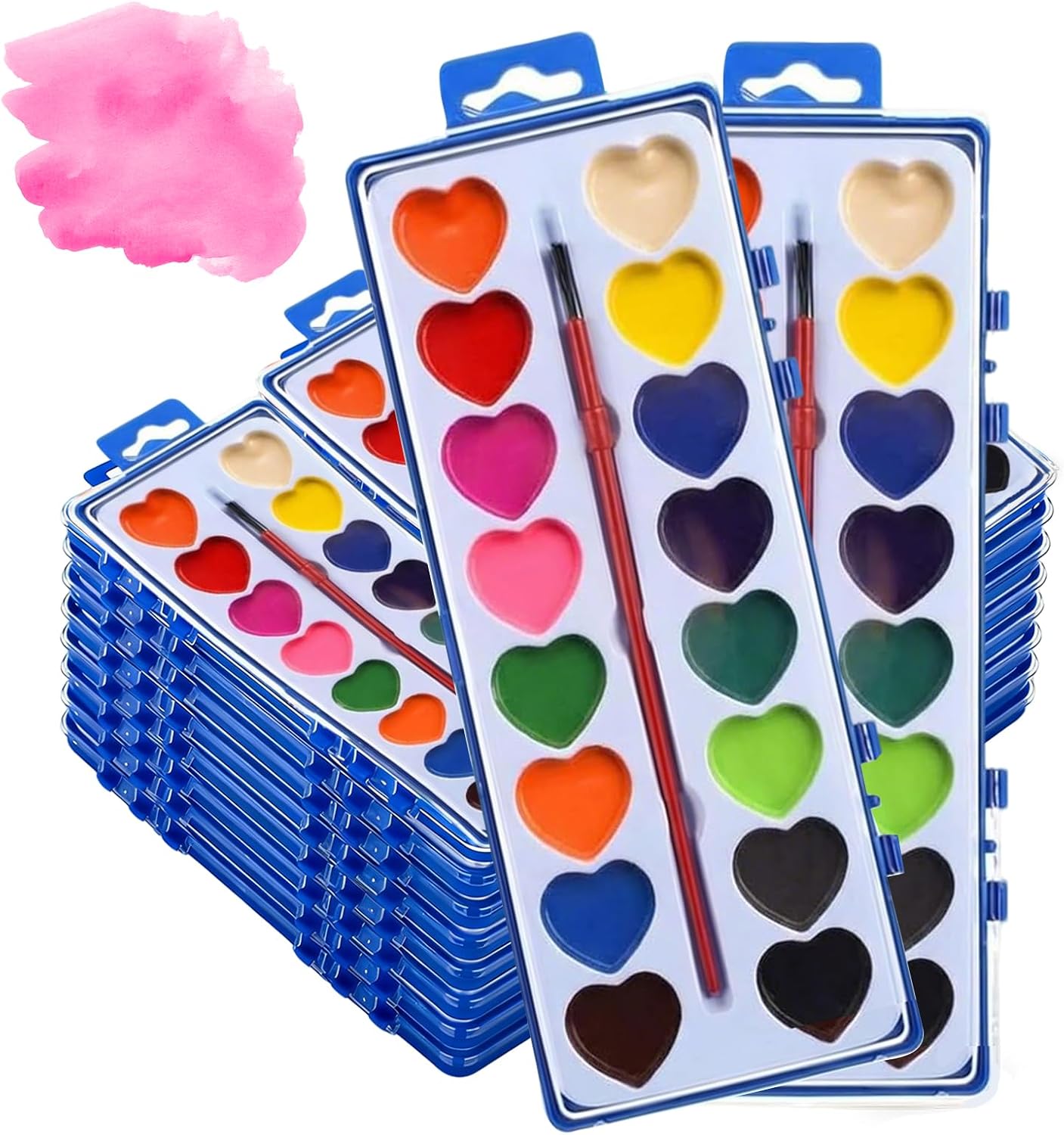 Shgxjjnb 24 Pack Heart Watercolor Paint Set with Paintbrush and 16 Colors for Kids, Valentines Party Favors Art, Classroom Gifts for Students Painting