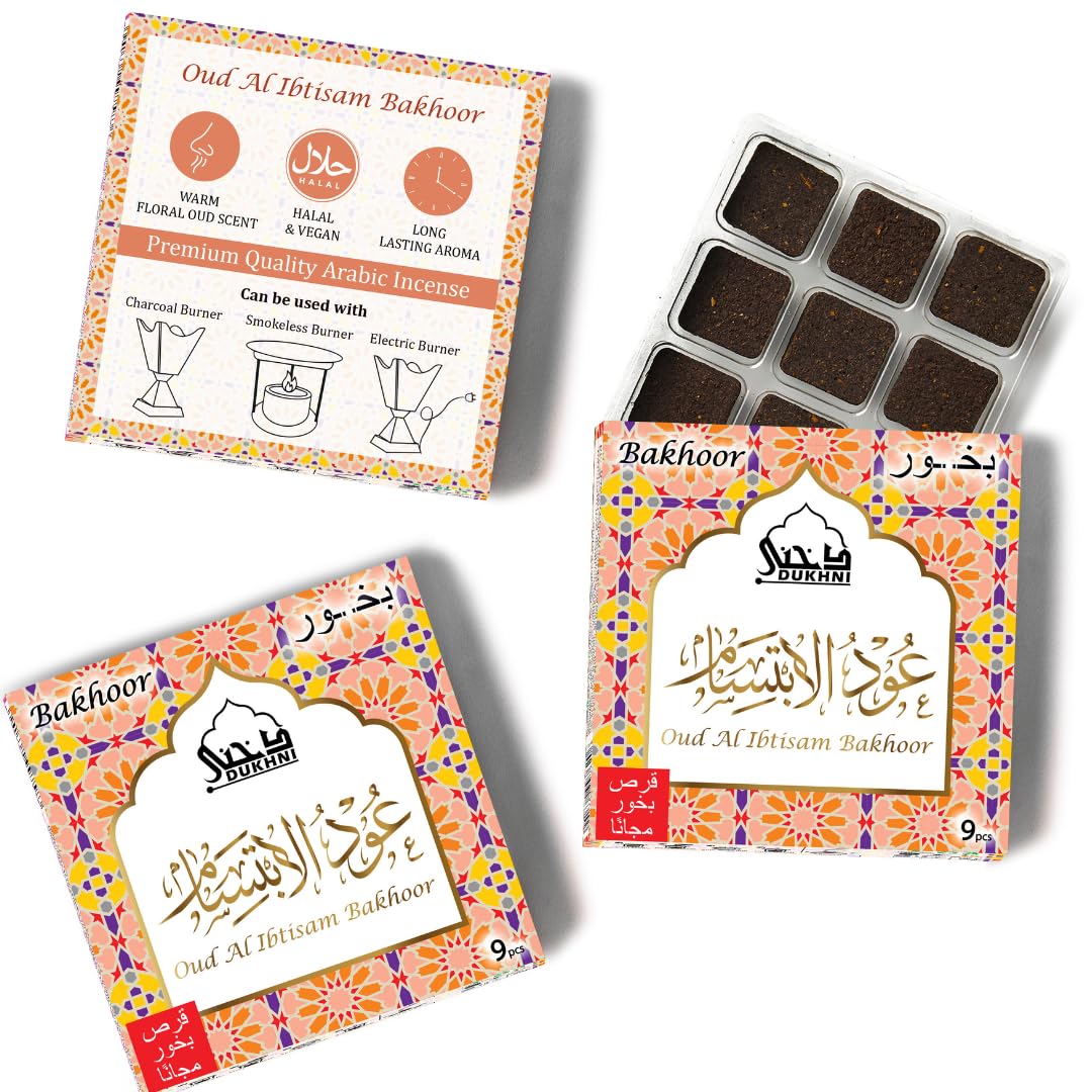 Oud Al Ibtisam Bakhoor by Dukhni | Gift for muslim men & women for Ramadan & Eid | 30 pc arabic oudh bakhour Incense, rich aroma | Warm Floral Oud Scent | Burn on charcoal, electric or candle burner