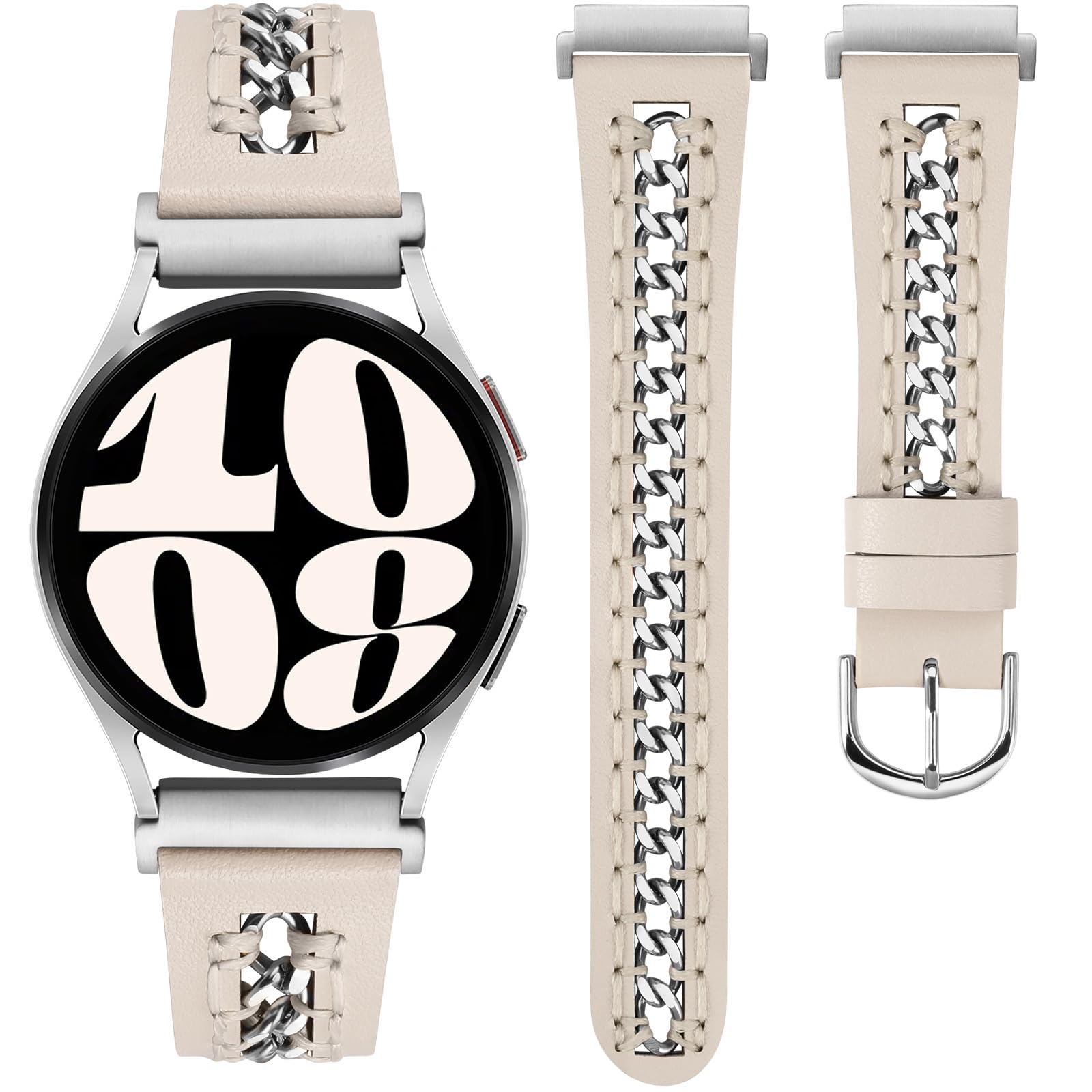 Minyee Leather Band Compatible with Samsung Galaxy Watch 7/6/5/4/FE/Active 2 40mm 44mm/Watch 6 Classic 43mm 47mm/Watch 5 Pro 45mm Bands, 20mm Dressy Leather Strap with Metal Chain, Starlight/Silver