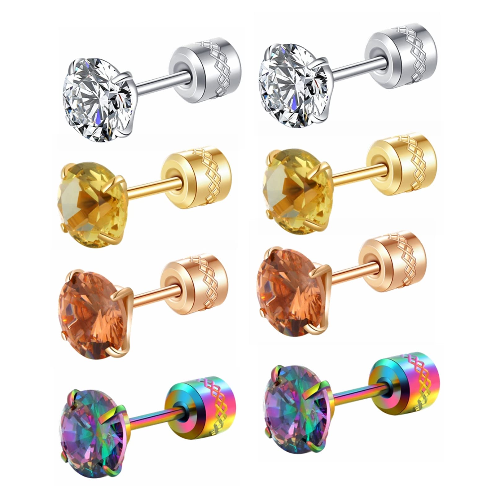 ZOCOYUU 4 Pairs Titanium Screw Back Surgical Stainless Steel Stud Earrings for Women Men,Rainbow 5A Cubic Zirconia Studs Double Side Earrings Piercing Sleeper Studs Jewelry 6mm