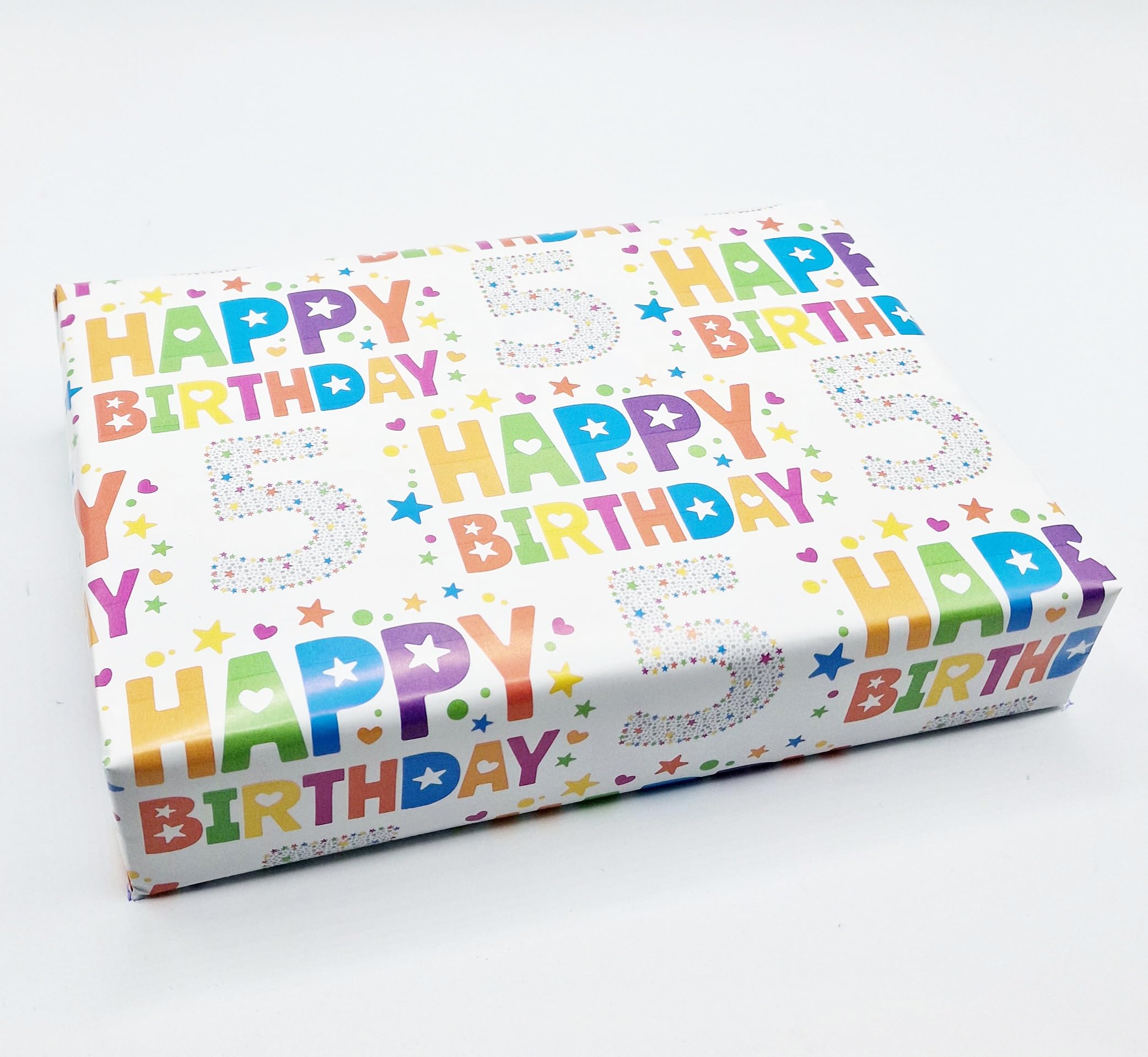 4 Sheets 4 Tags 5th Birthday Boy Girl Unisex Multi Coloured Wrapping Paper Age 5 Cute Fun Attractive Birthday Giftwrap Male Female (PA)
