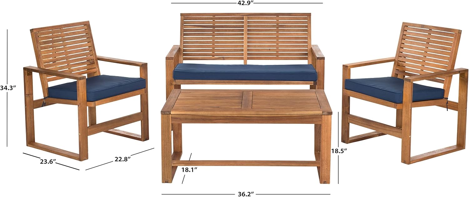 Safavieh Home Collection Hailey Outdoor Living 4-Piece Acacia Patio Furniture Set, Brown and Navy : Garden & Outdoor