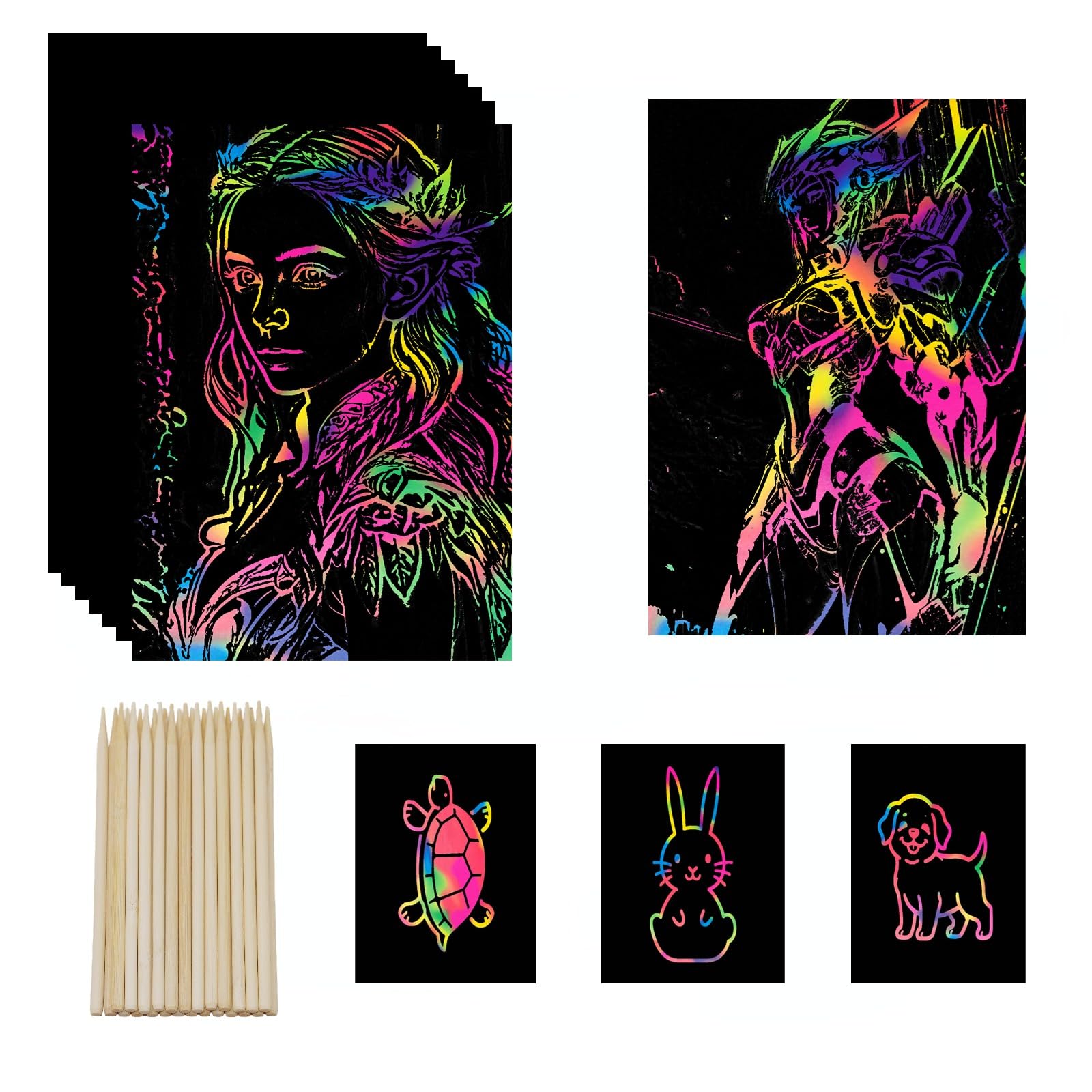 Photo 1 of wiwbbitl Rainbow Scratch Paper Bulk - 100 Rainbow Scratch Art Sheets(5"x7.3") with 26 Bamboo Stylus Pens - Mess Free Arts for Kids and Crafts Supplies for Classroom, Party, Travel, Stress Relief