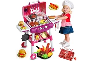 KIMICARE Kid Toy Grill, BBQ Grill Playset with Light Sound, Smoke Effect and 2 Wheels, Pretend Food, Little Chef Play Kitchen Accessories, Birthday for Boys Girls Ages 3 4 5 6 7 8