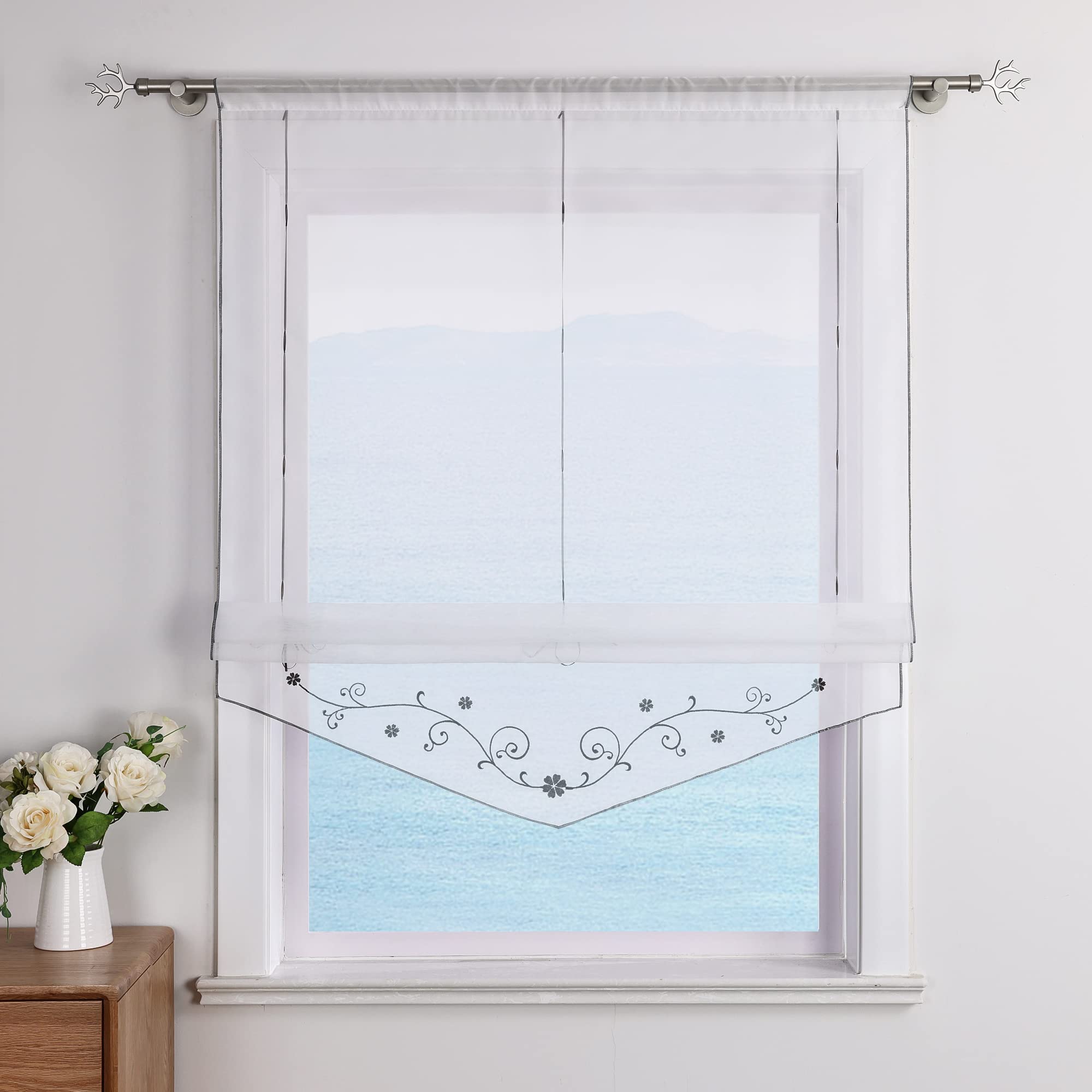 ESLIR Roman Blind with Loops, Kitchen Curtains, Transparent Tab-Top Curtains, Embroidered, Modern Voile Grey, W x H 80 x 140 cm, Pack of 1