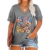 Plus Size Tops for Women Vintage Wildflower V Neck T Shirt Boho Cute Floral Graphic Tees Short Sleeve Summer Tops