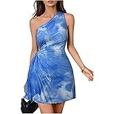 MakeMeChic Women's Summer Dress 2026 Tie Dye One Shoulder Mini Dress Pleated Cut Out Wedding Guest Dresses