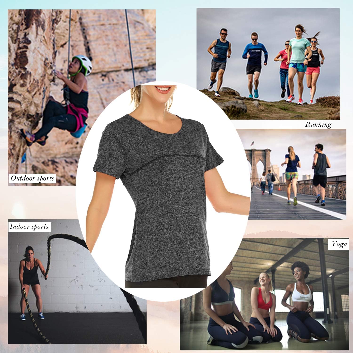 Sykooria T-Shirt Womens Sports Shirt Short Sleeve Quick Dry Elastic Yoga Gym Tshirt Tops: Clothing