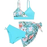 Teen Girls Swimsuit 3 Piece V-Neck Color Block Floral Print Bikini Set with Cover Up Skirt Swimwear Bathing Suits 9-16Y