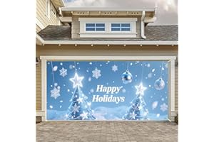HOMETITUTE Happy Holidays Garage Door Banner 13x6ft Christmas Tree Snowflakes Theme Backdrop Holiday Seasonal Decor Door Cover Banners for Outside Garage Wall Covering for Party Garage