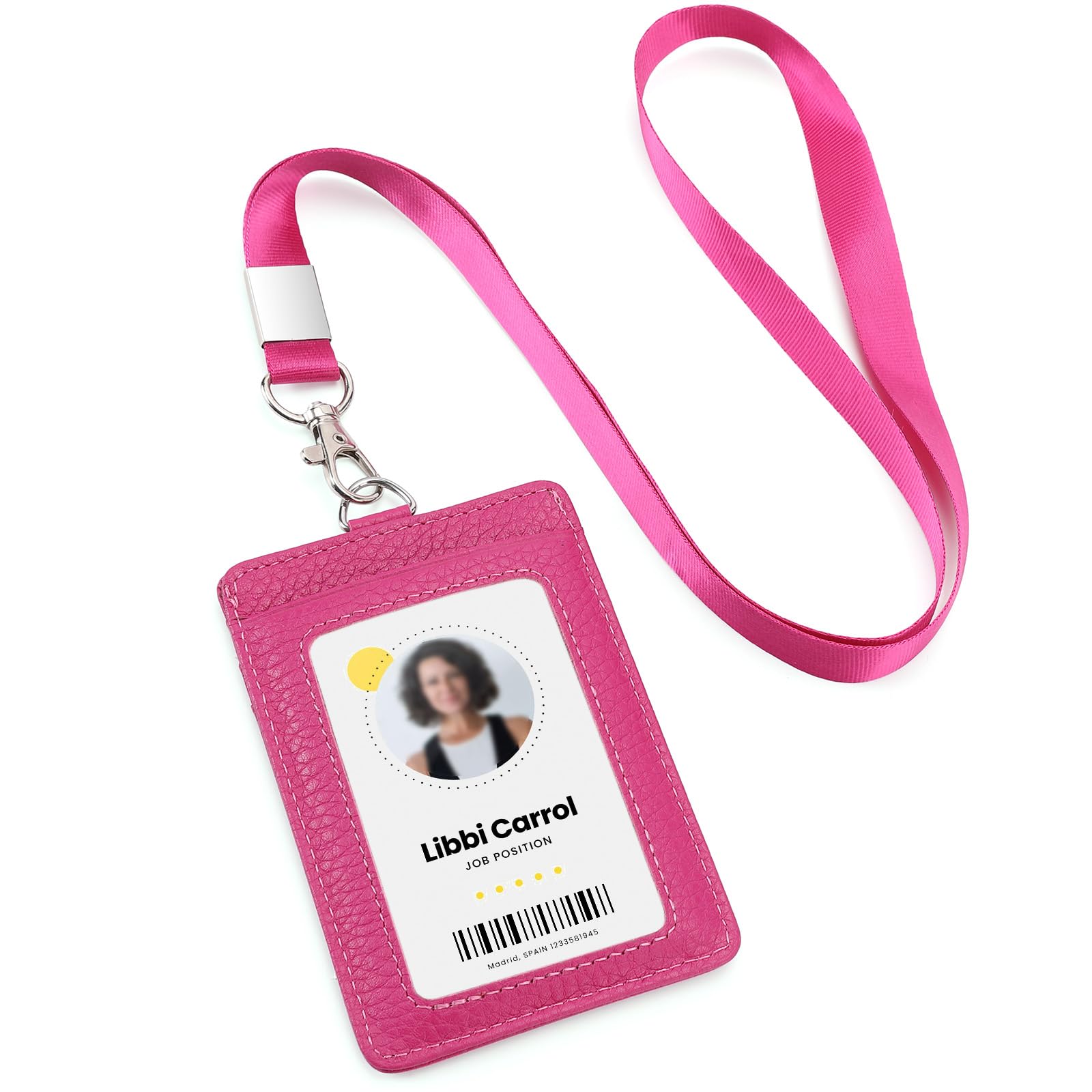 Cow Leather ID Badge Holder with Lanyard(Full Grain Leather,3"*4.5"),1 Clear ID Window and 3 Card Slots,Nylon Neck Lanyard with rotatable and Removable Metal Clasp,Vertical Name Badge Holders