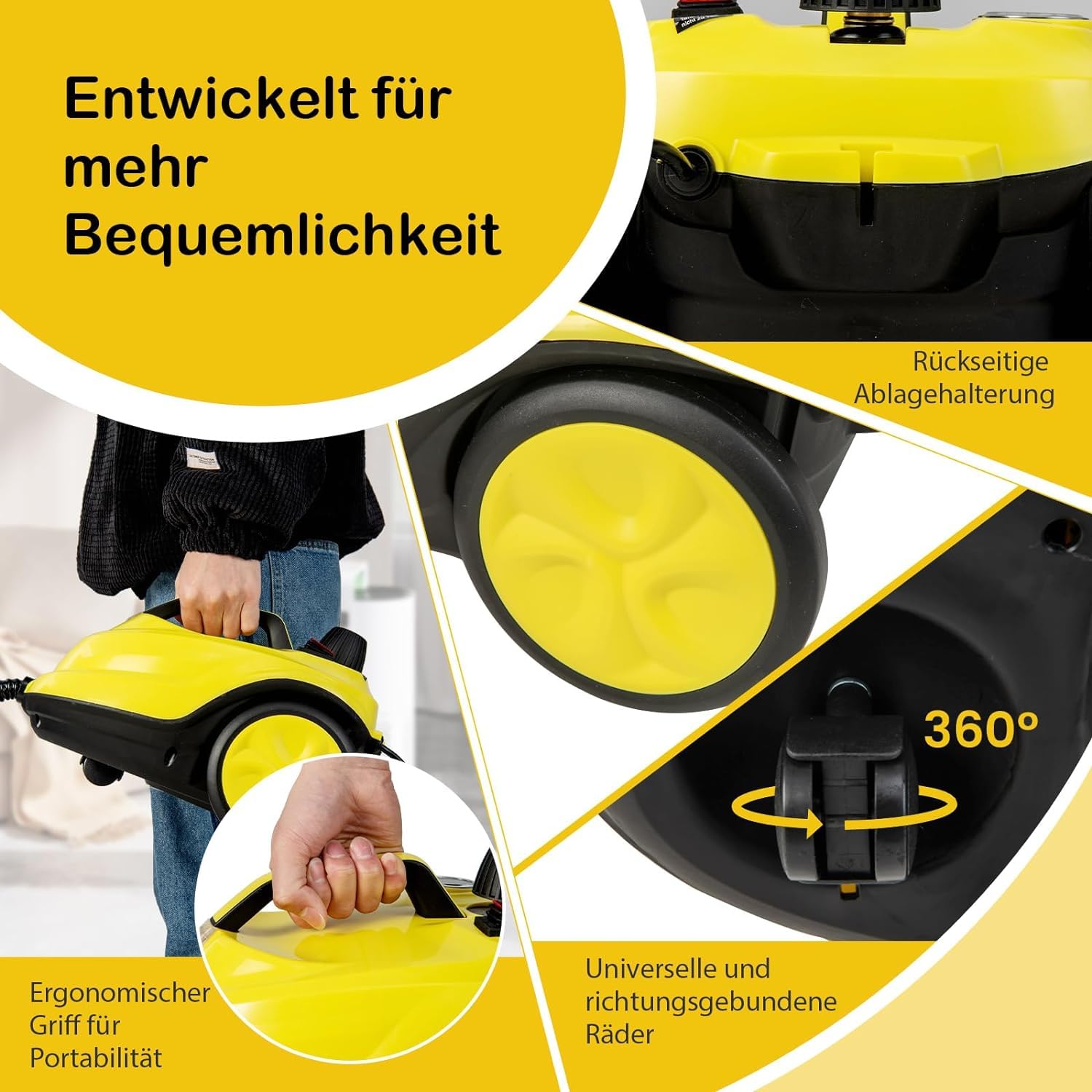 RELAX4LIFE Dampfreiniger 2000W, Dampfdruck: 5 bar, Tank: 1,8 L, Temperatur bis zu 160℃, Aufheizzeit: 8 min., Flächenleistung: 108 m², Steam Cleaner inkl. 13 Zubehör für Boden, Teppich, Fenster (Gelb) 8