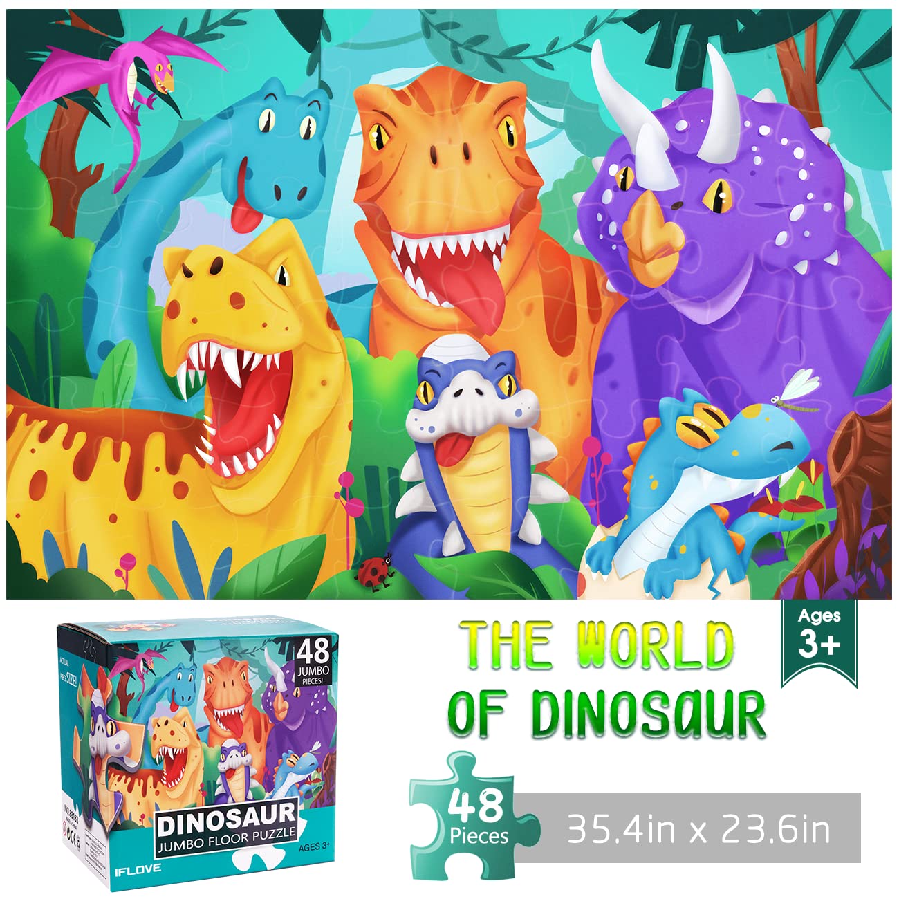 Photo 1 of **UNKNOWN MISSING PIECES**Jumbo Floor Puzzle for Kids Dinosaur Jigsaw Large Puzzles 48 Piece Ages 3-6 for Toddler Children Learning Preschool Educational Intellectual Development Toys 4-8 Years Old Easter Gift for Boy and Girl
