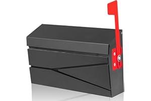 Ydocabinit Wall Mount Mailbox, Large Capacity Mailbox for House, with Flag Kit, Galvanized Steel Rust-Proof Metal Post Drop Box, Mailboxes for Outside, 15.74"×9.84"×4.33", Black Modern Sleek Style