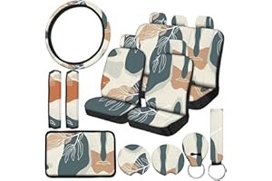 JINGSEN 15 PCE Dark Green Leaf Car Seat Covers Full Set for Women Car Steering Wheel Cover Center Console Armrest Cushion Headrest Seat Belt Key Chain Covers for SUV (Abstract Art 6)