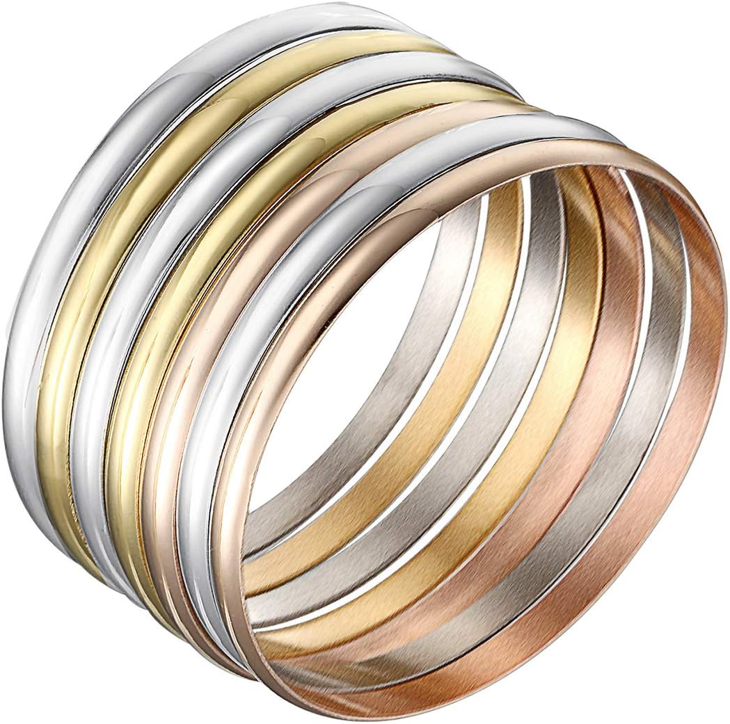 Castillna Set of 7 Tri-Color Silver/Gold/Rose Gold Stainless Steel Bangle Bracelet
