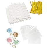 3.5mm 4-inch CHELIZIYA Paper Lollipop Sticks and Wrappers Gold Set | All-in-one 100ct Cake Pop Sticks, 100ct Clear Bags, 100ct Twist Ties for Cake Pops, Sucker, Candy, Chocolate, Cookie, Dessert
