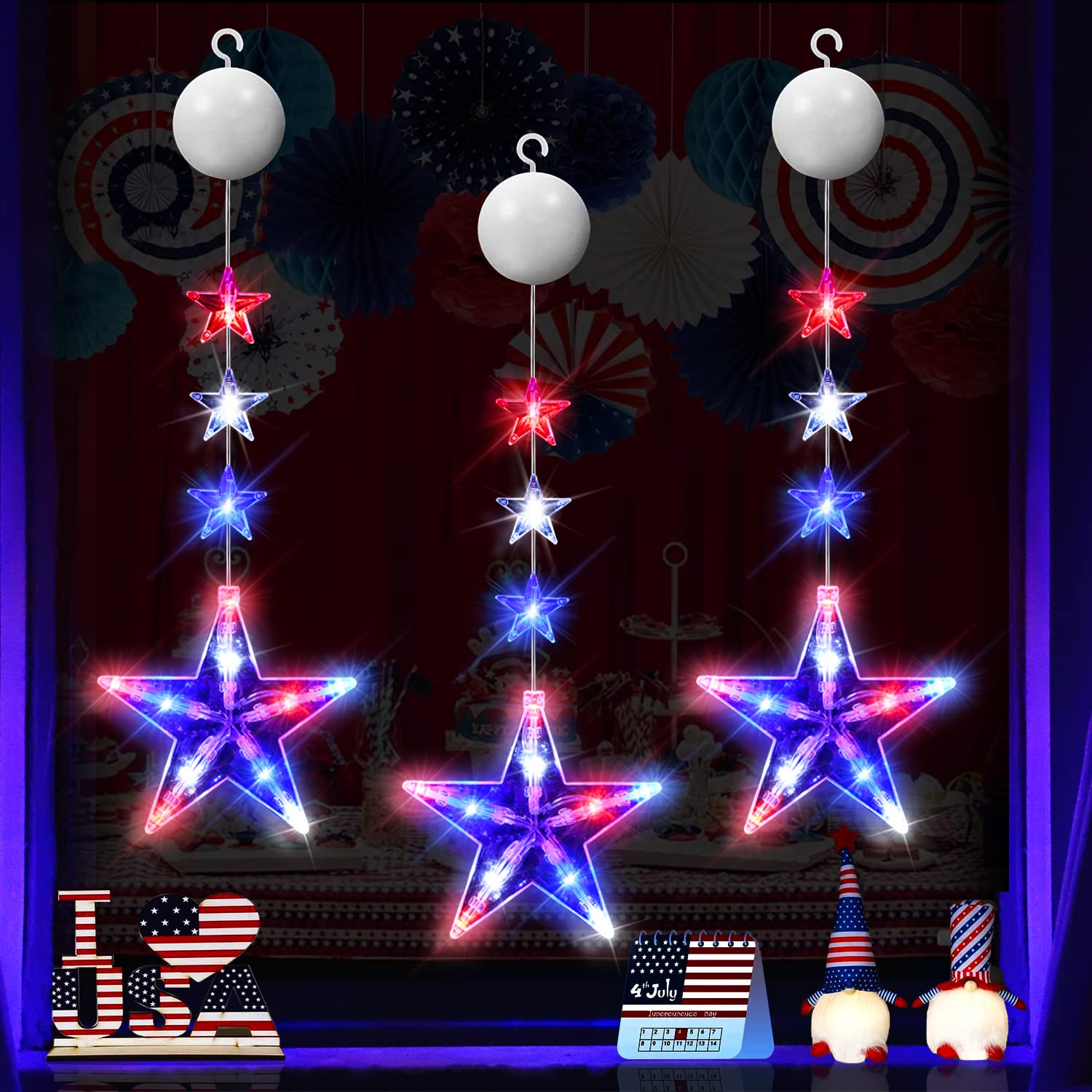 Photo 1 of 4th of July Decorations Window Lights Memorial Day, 3 Pack Star Shaped Hanging String Lights with Suction Cup Twinkle Lights for Patriotic, Independence Day Decor- Red White Blue