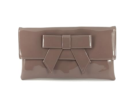 LONI Damen Clutch Abend Hochzeit Tasche in Lack Kunstleder mit Schleife in Hell Taupe Beige