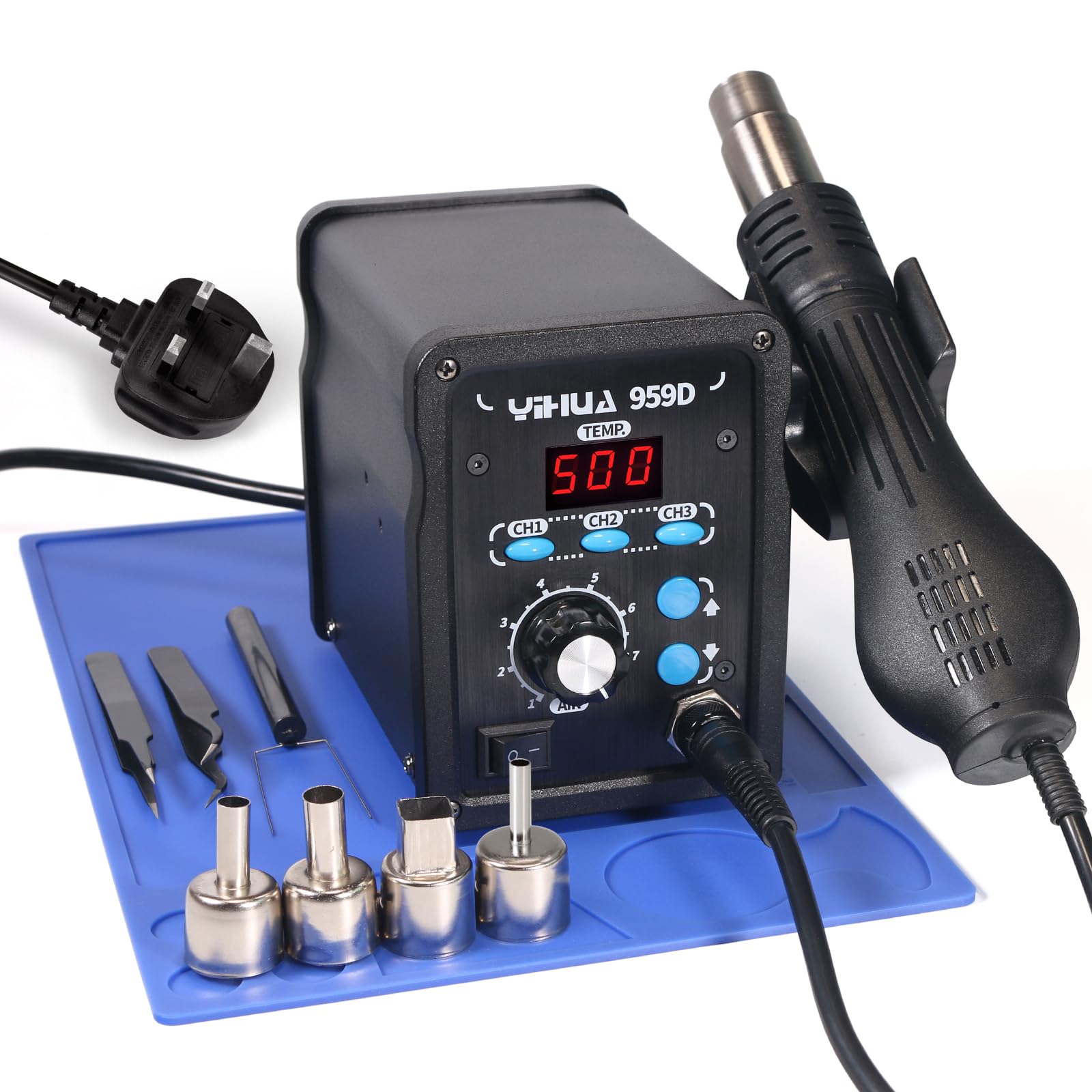 YIHUA 959D Hot Air Rework Station for SMD Soldering 3 Memory Channels with 4 Hot Air Nozzles, Soldering Work Mat, ESD Safe Tweezers(UK Plug)