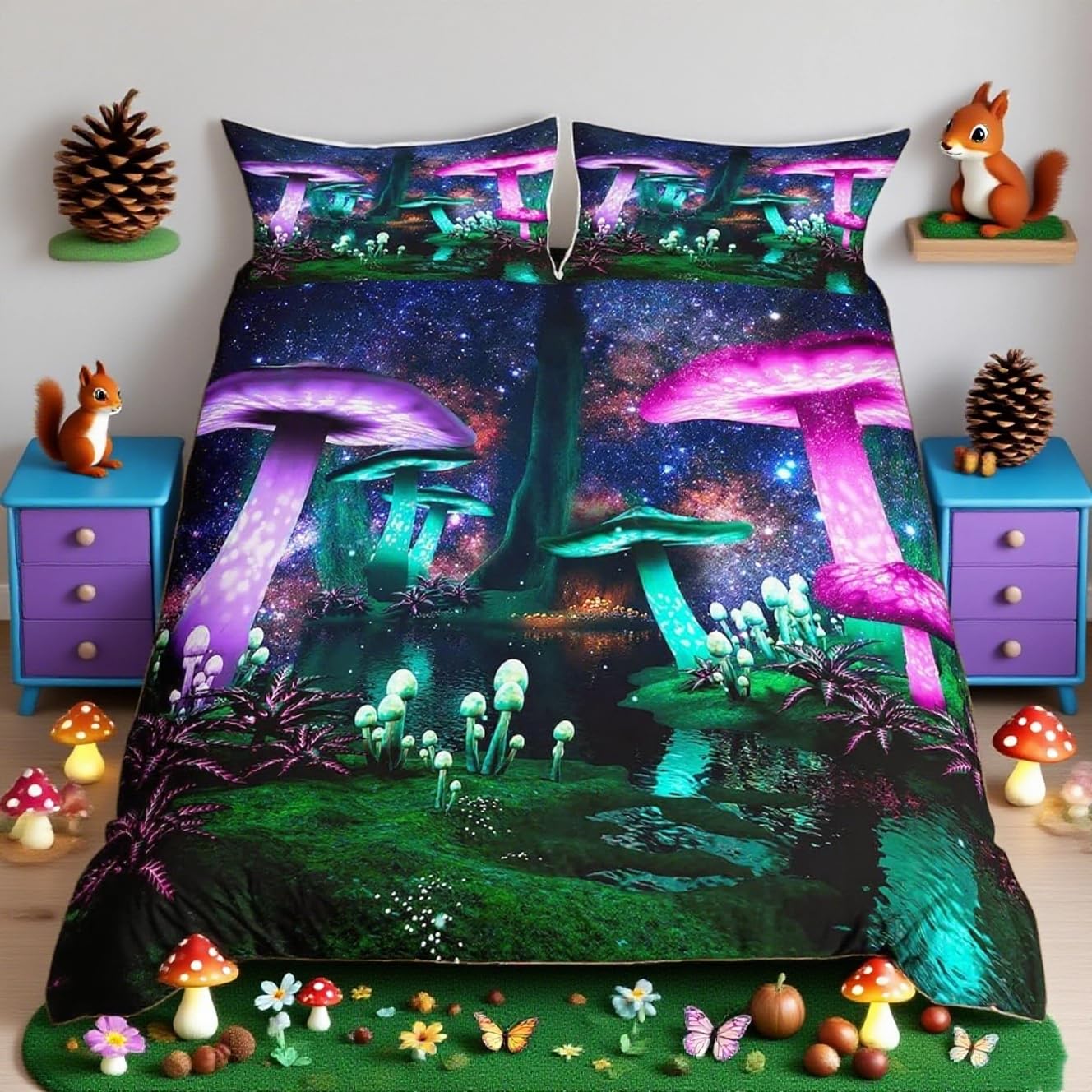 Galaxy Mushroom Bedding Set Purple Green Mushroom Duvet Cover Set for Kids Boys Girls Natural Wild Fungus Comforter Cover Soft Quilt Cover 1 Duvet Cover with 2 Pillowcases King — image 1